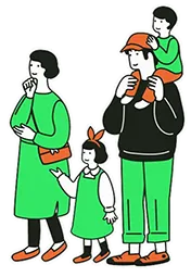 母、父、娘、息子の四人家族のイラスト
